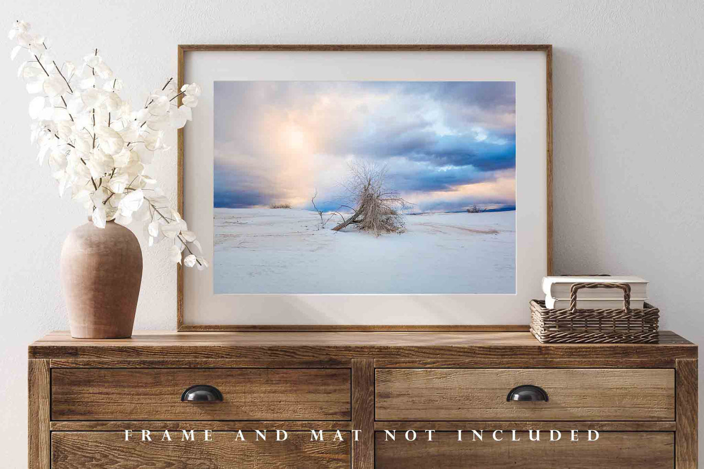 Desert Photography Print (Not Framed) Picture of Dead Tree in Sand Under Dramatic Sky at White Sands National Park New Mexico Southwest Wall Art Nature Decor
