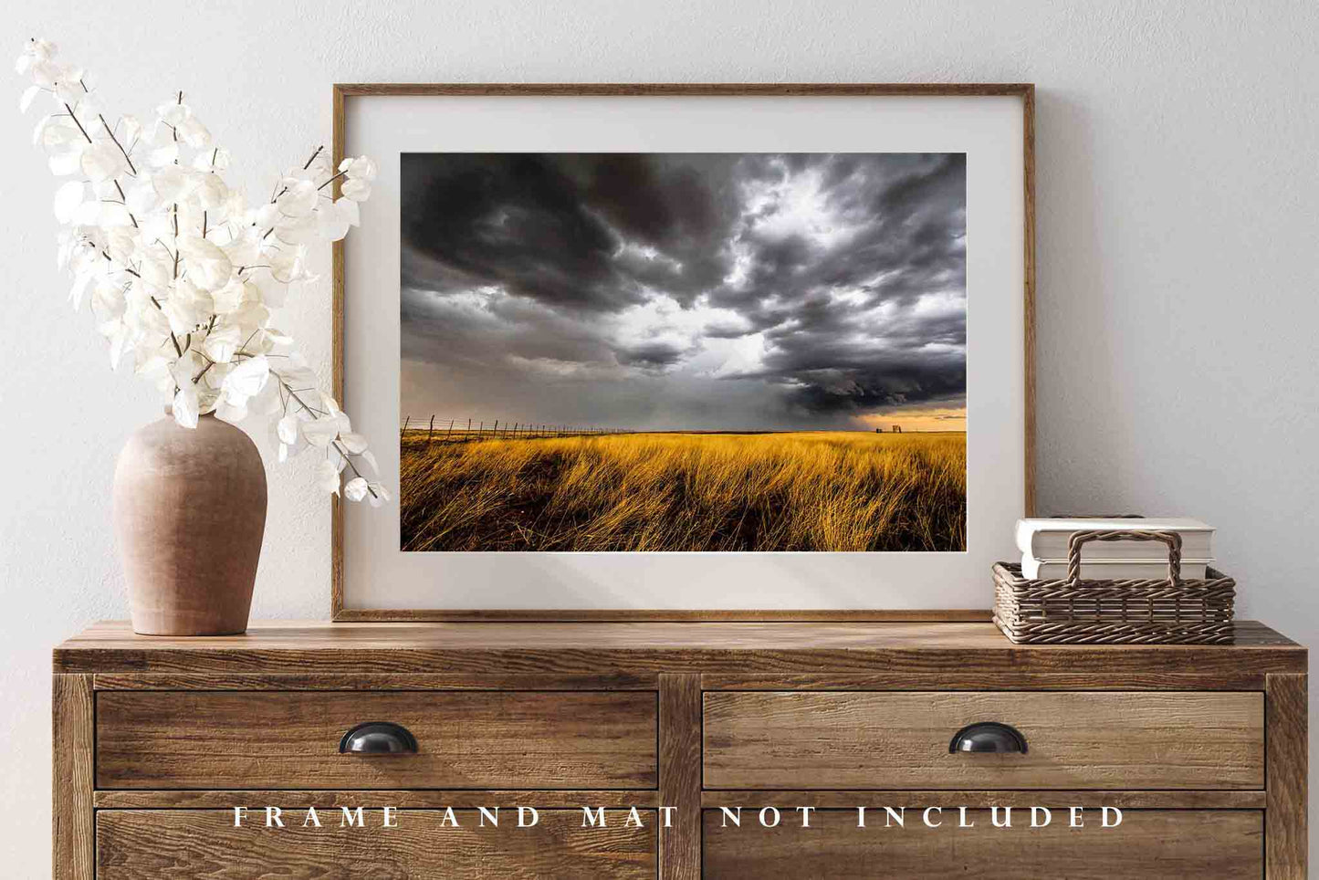 Storm Photography Art Print - Picture of Silver Sky Over Golden Prairie Grass on Stormy Day in Oklahoma Panhandle Plains Scenery Decor Photo