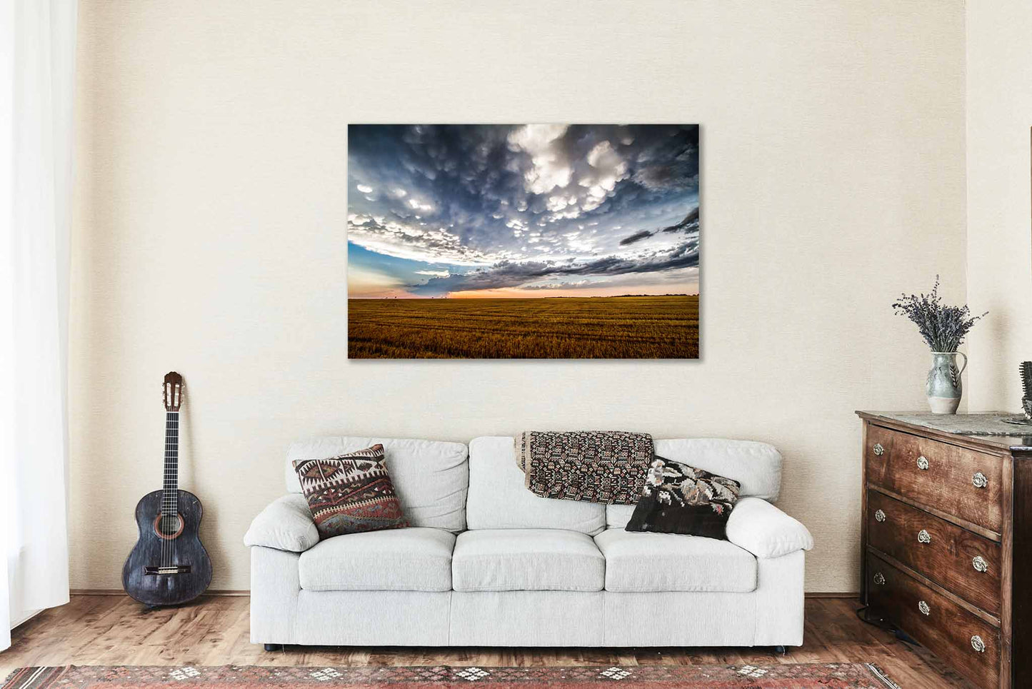 Great Plains Metal Print (Ready to Hang) Photo of Clouds Over Field at Sunset After Stormy Evening in Texas Sky Wall Art Western Decor