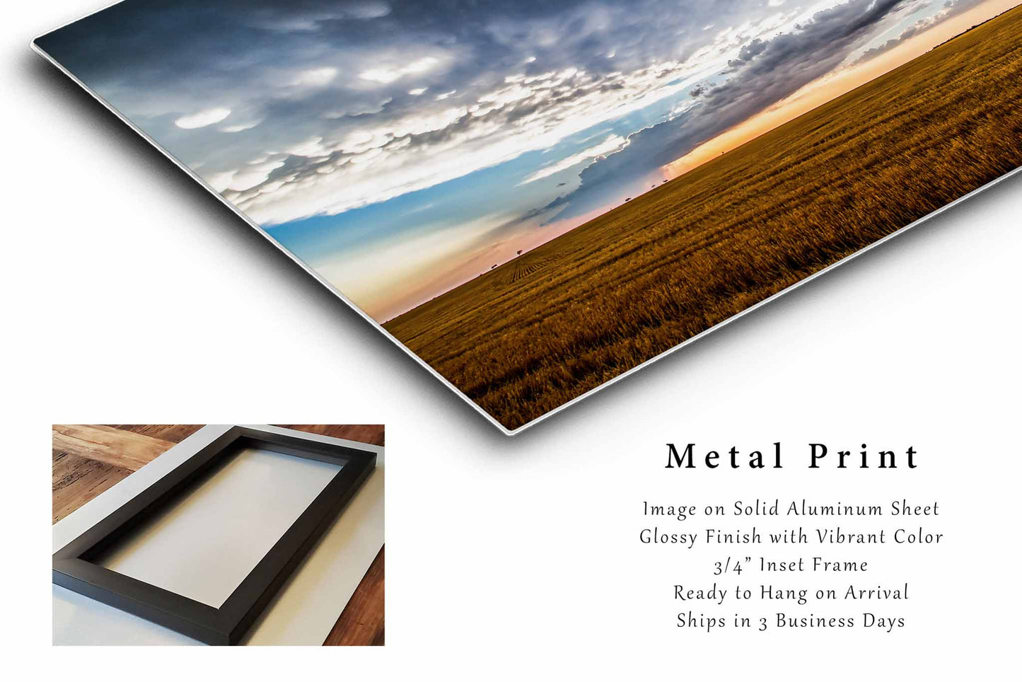 Great Plains Metal Print (Ready to Hang) Photo of Clouds Over Field at Sunset After Stormy Evening in Texas Sky Wall Art Western Decor