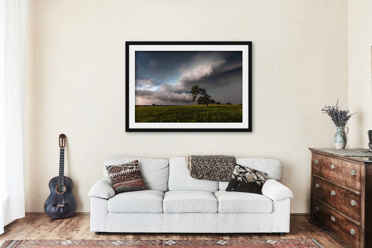 Lone Tree Bending Toward Storm Clouds in Oklahoma Framed Print | Thunderstorm Wall Art Weather Decor