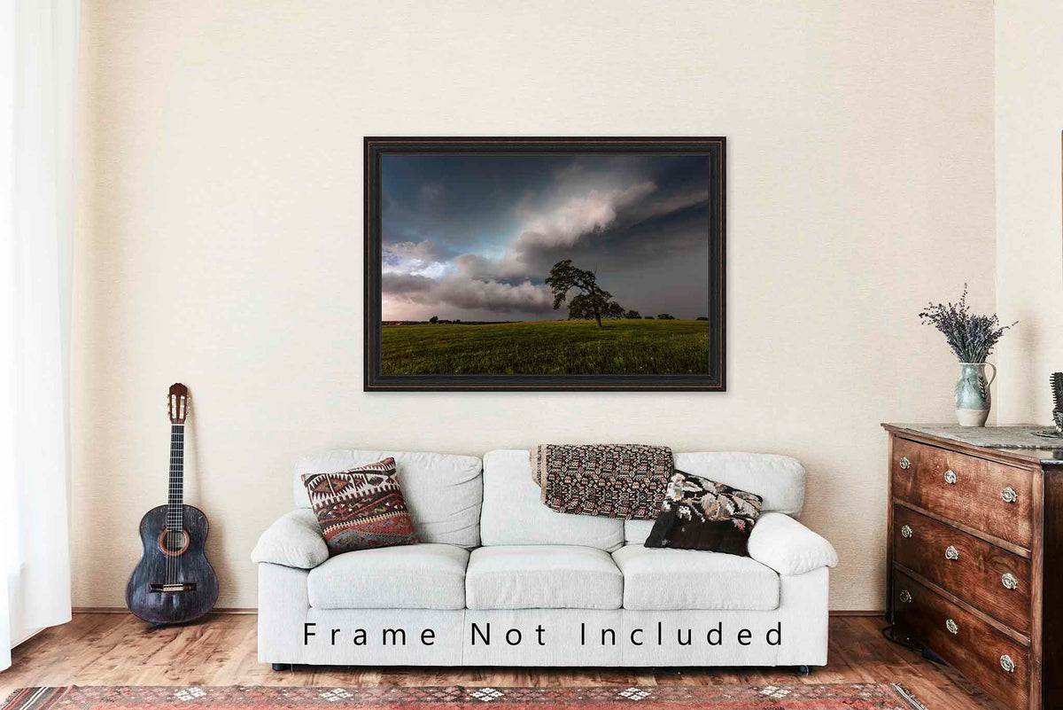Lone Tree Bending Toward Storm Clouds in Oklahoma Photo Print (Unframed) | Thunderstorm Wall Art Weather Decor
