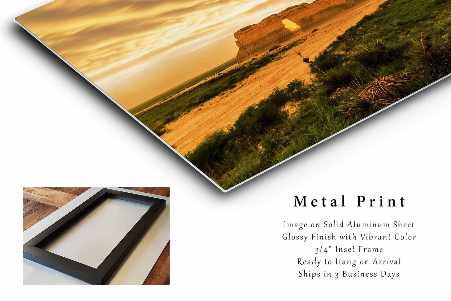 Great Plains Metal Print (Ready to Hang) Photo on Aluminum of Monument Rocks Under Stormy Sky at Sunset in Kansas Prairie Wall Art Western Decor