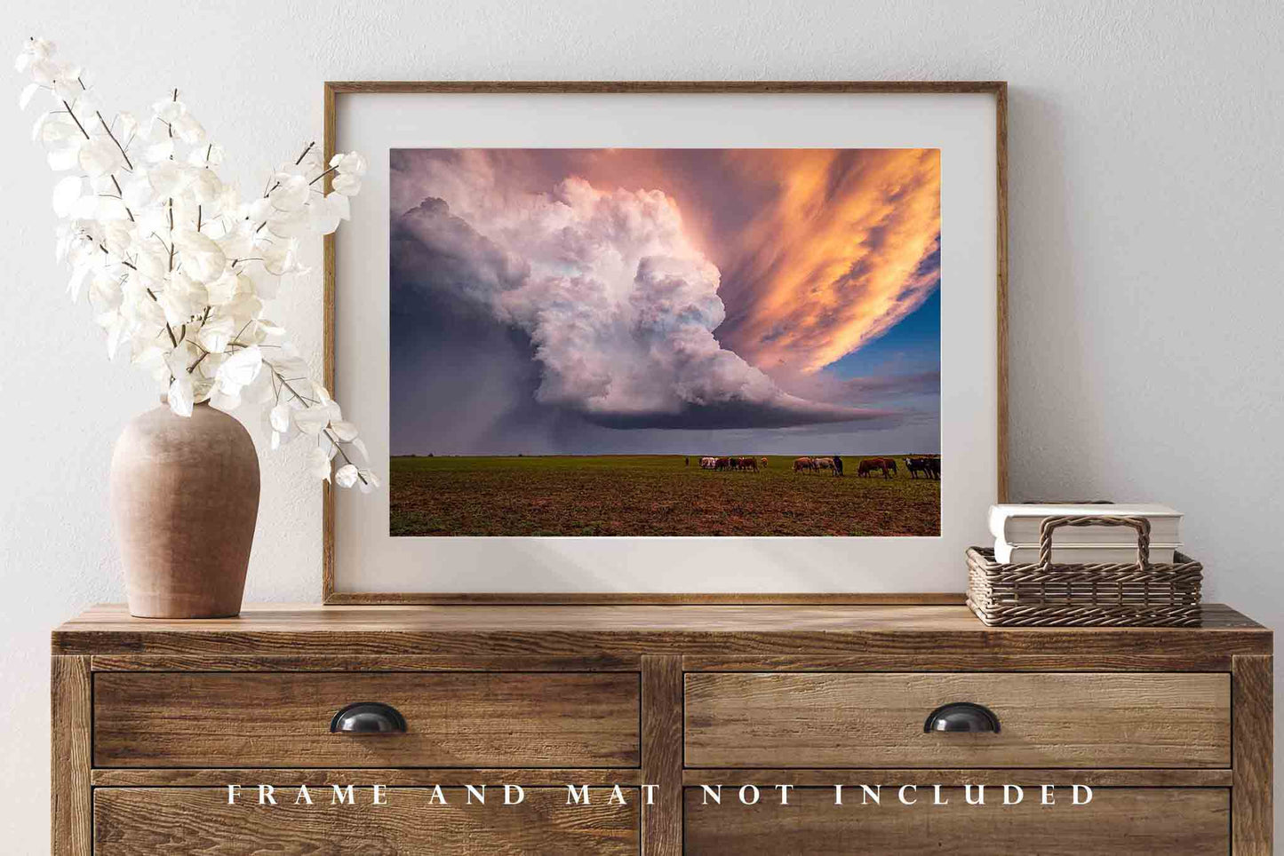 Storm Photography Print - Picture of Supercell Thunderstorm Over Field with Cows in Kansas - Weather Wall Art Photo Artwork Decor