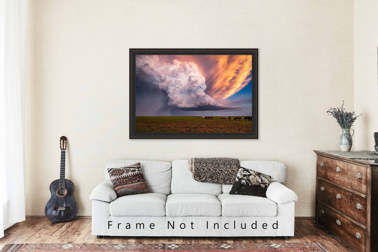 Storm Photography Print - Picture of Supercell Thunderstorm Over Field with Cows in Kansas - Weather Wall Art Photo Artwork Decor