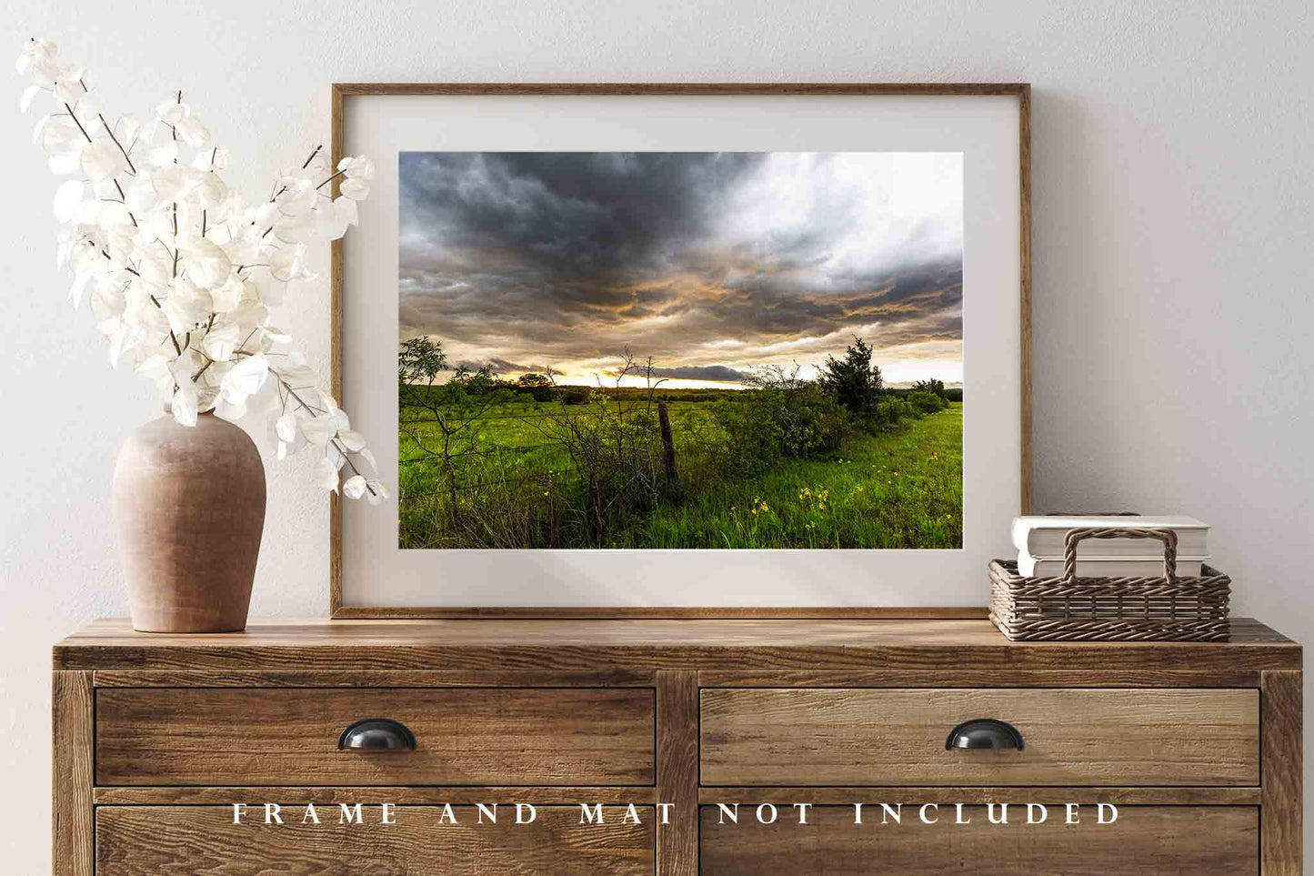 Country Photography Print - Picture of Stormy Sky Over Barbed Wire Fence Row at Sunset in Texas Landscape Wall Art Western Decor