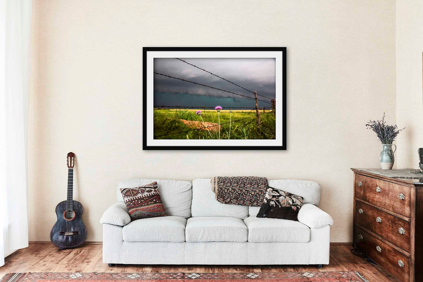 Barbed Wire Fence Framed and Matted Print | Pink Thistle Wildflower Photo | Storm Decor | Texas Photography | Country Wall Art | Ready to Hang