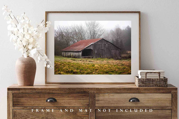 Country Photography Wall Art Print - Picture of Old Wooden Barn with Red Tin Roof in Mist in Rural Arkansas Rustic Farm Decor 4x6 to 40x60