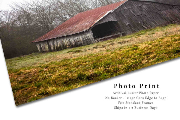 Country Photography Wall Art Print - Picture of Old Wooden Barn with Red Tin Roof in Mist in Rural Arkansas Rustic Farm Decor 4x6 to 40x60