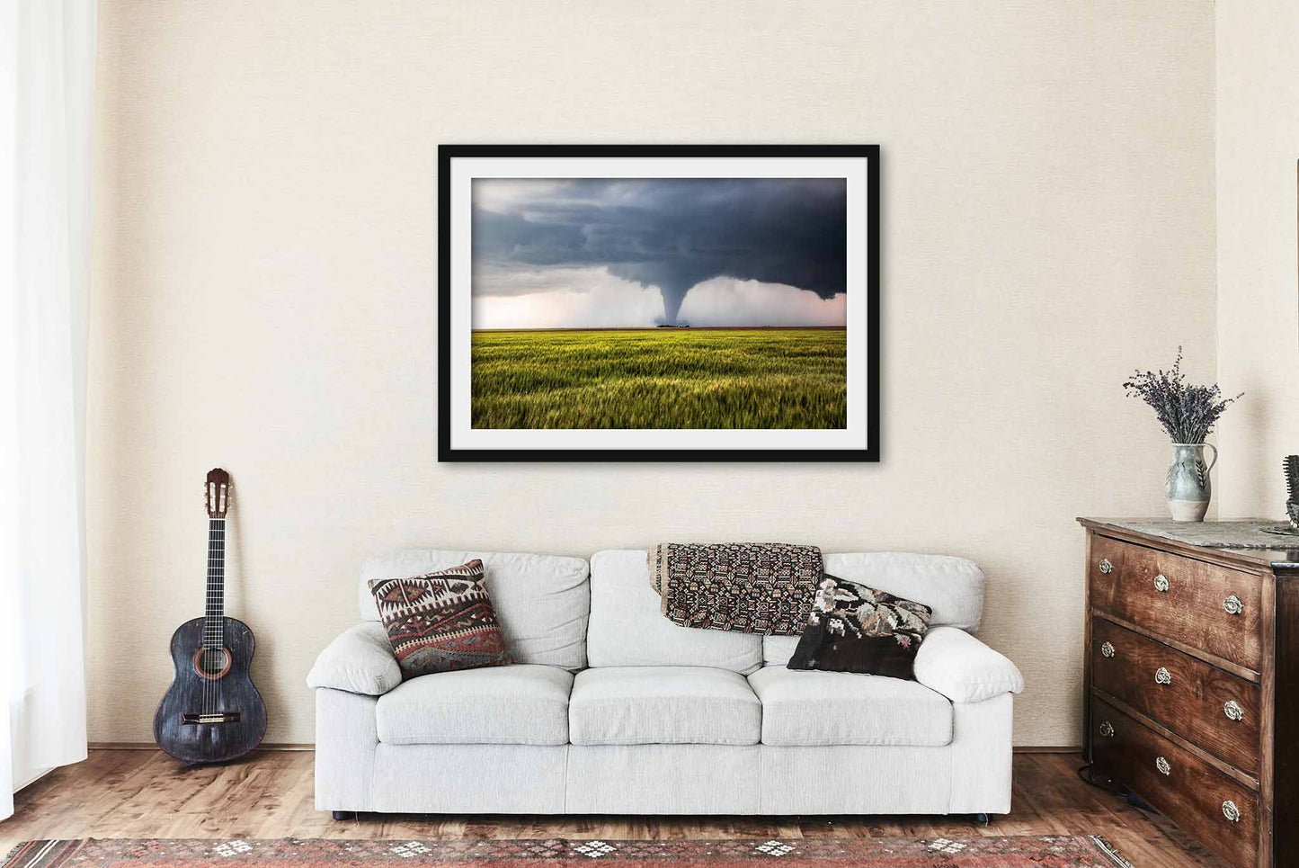 Framed Print (Ready to Hang) Picture of Large Tornado Passing Behind Farmhouse in Wheat Field in Kansas Storm Wall Art Weather Decor