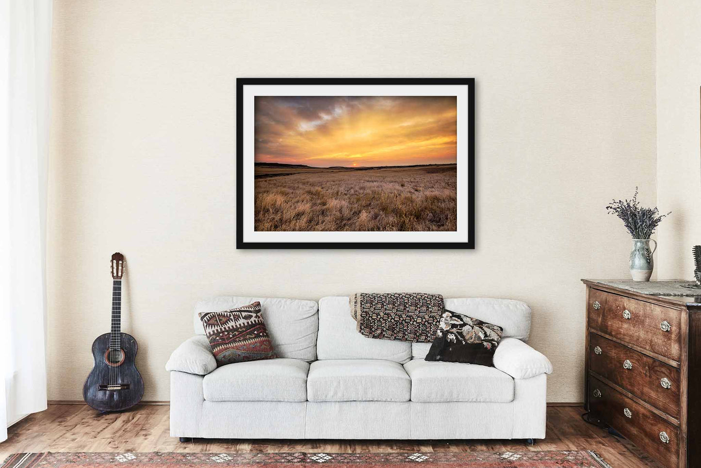 Framed Great Plains Print (Ready to Hang) Picture of Big Sky Over Prairie at Sunrise in Montana Landscape Wall Art Western Decor