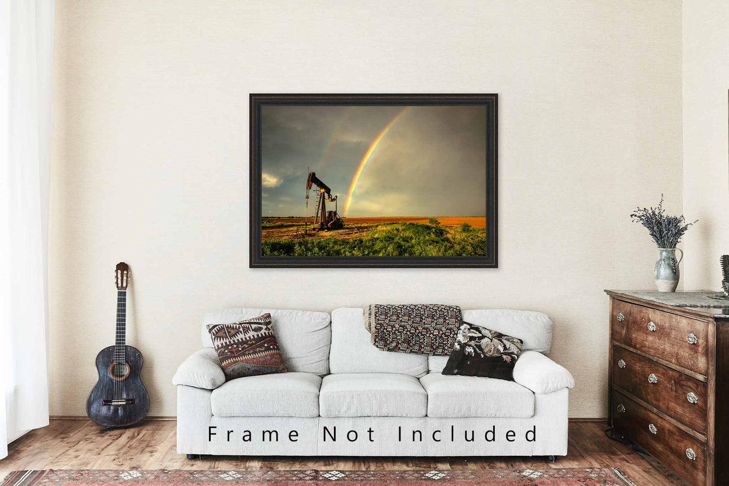 Oilfield Photography Print (Not Framed) Picture of Rainbow Ending at Pump Jack on Stormy Day in Texas Oil and Gas Wall Art Energy Decor