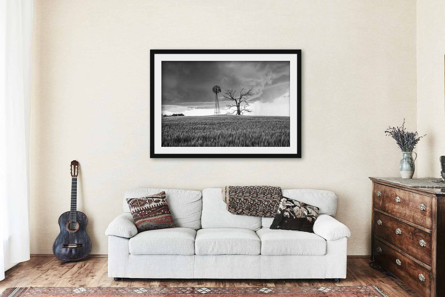 Country Framed and Matted Print | Windmill and Tree Photo | Oklahoma Decor | Black and White Photography | Farmhouse Wall Art | Ready to Hang