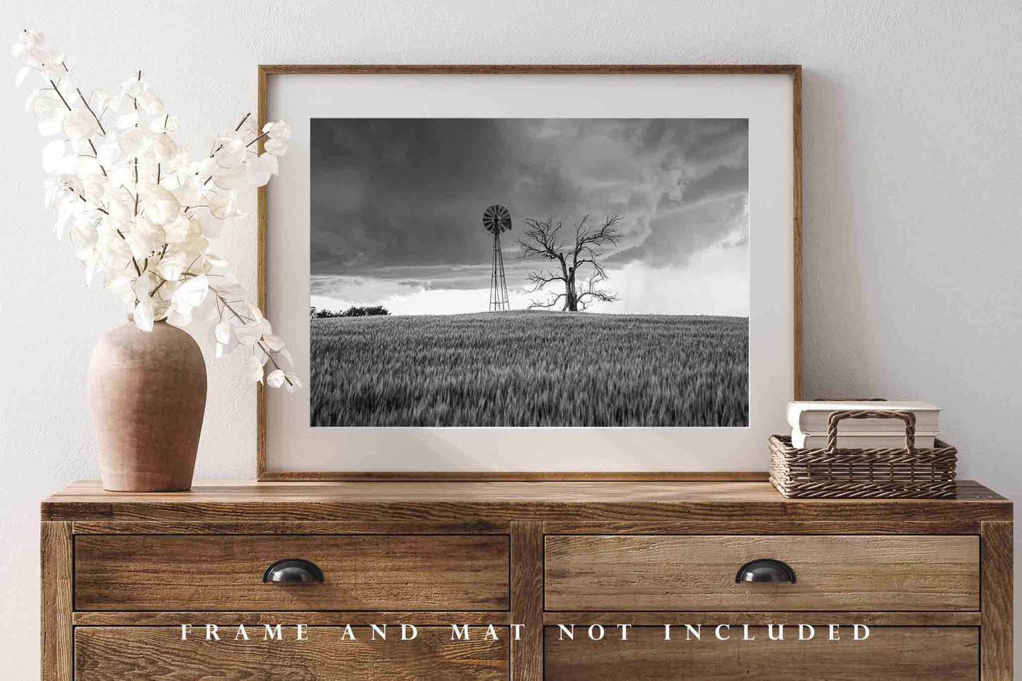 Country Photography Print | Windmill and Tree Picture | Oklahoma Wall Art | Black and White Photo | Farmhouse Decor | Not Framed