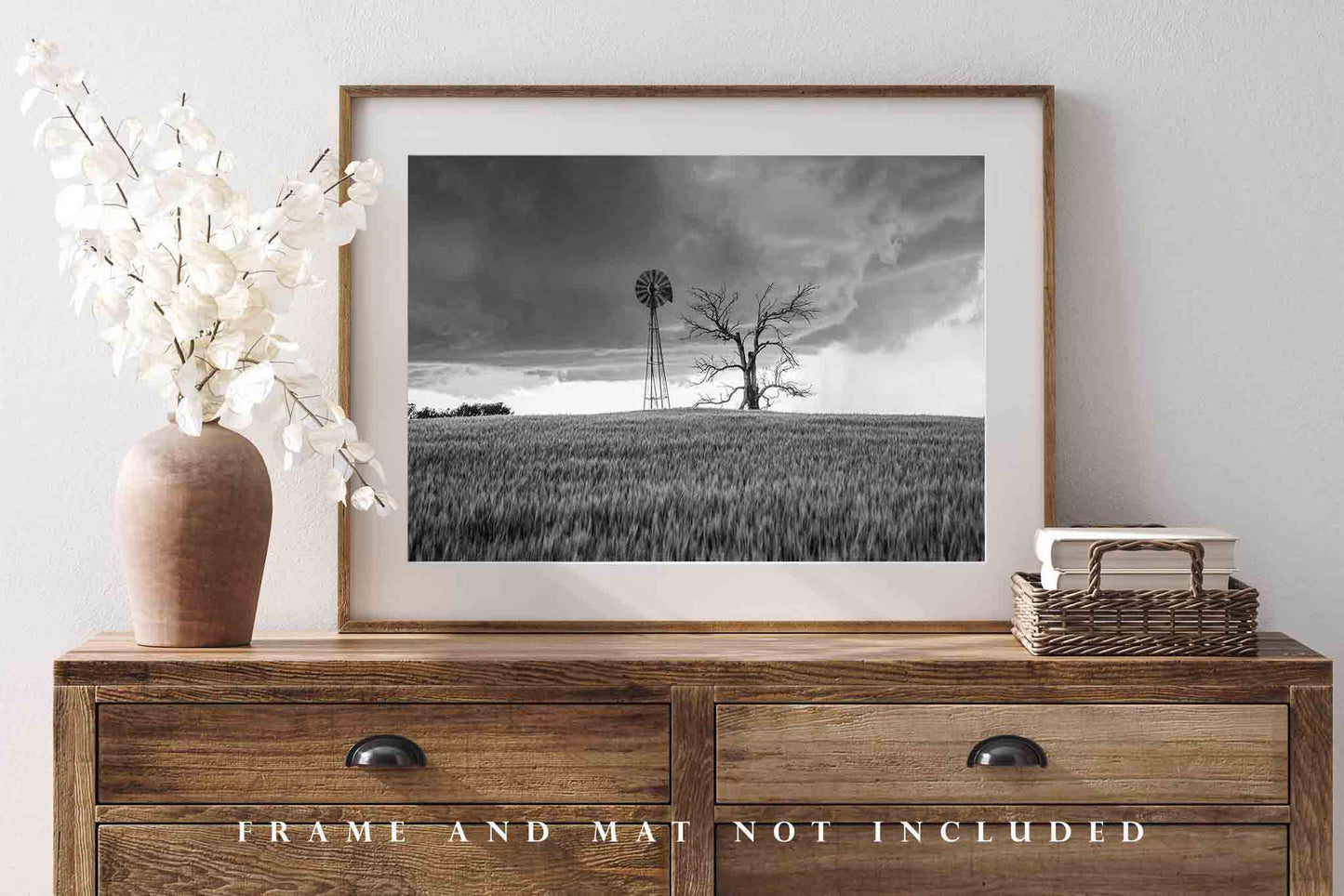 Country Photography Print (Not Framed) Black and White Picture of Old Windmill and Tree in Wheat Field on Stormy Day in Oklahoma Farm Wall Art Farmhouse Decor
