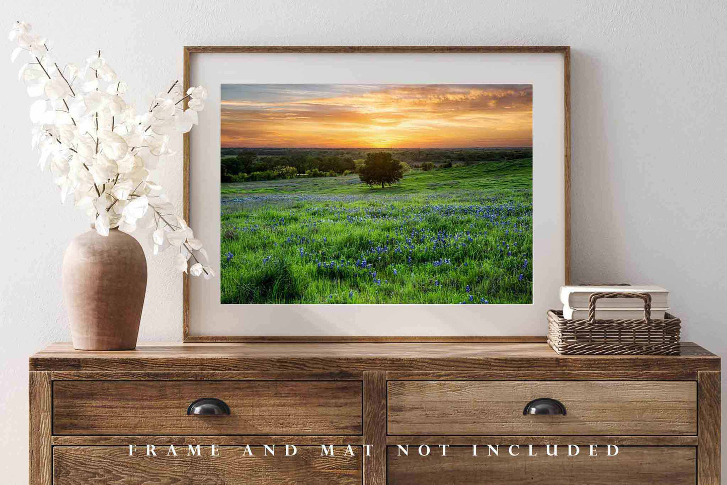 Bluebonnets Photography Print | Lone Tree Picture | Sunset Wall Art | Texas Photo | Nature Decor | Not Framed