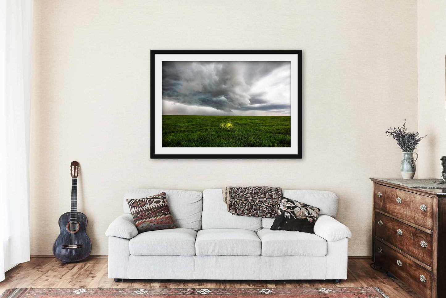 Framed Storm Print (Ready to Hang) Yellow Wildflowers in Green Field in Texas | Stormy Sky Wall Art Country Decor