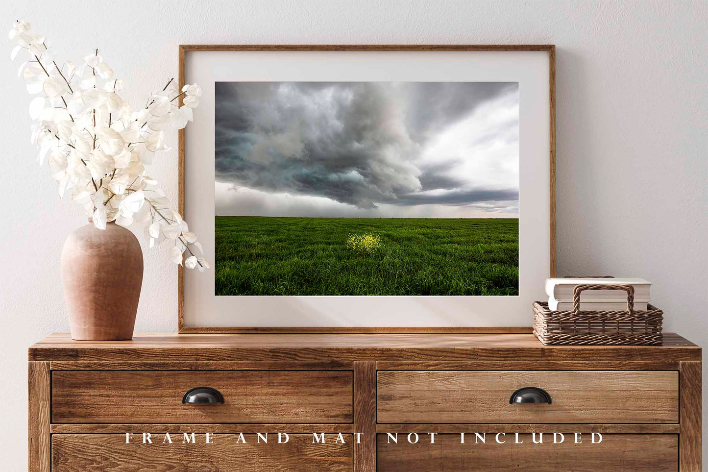 Storm Photography Print (Unframed) Yellow Wildflowers in Green Field in Texas | Stormy Sky Wall Art Country Decor