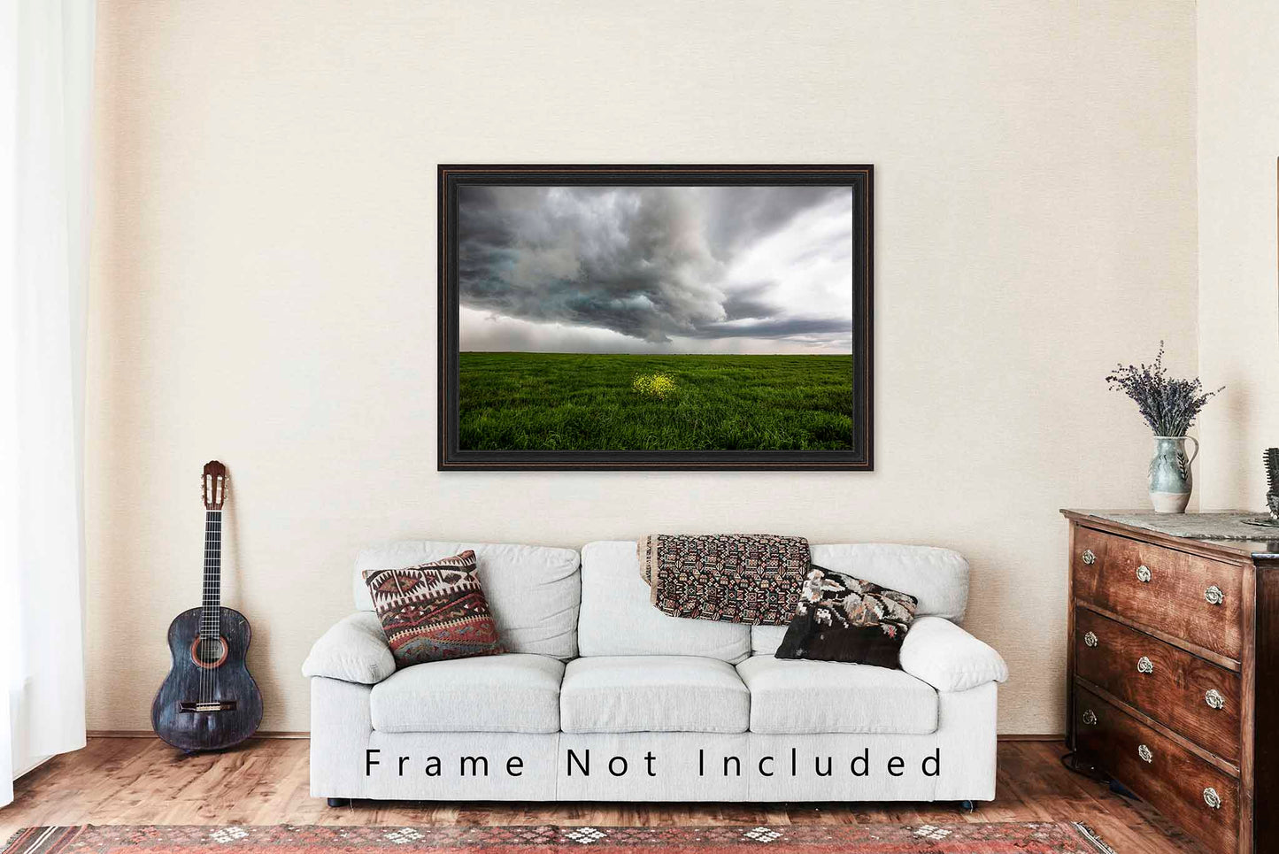 Storm Photography Print (Unframed) Yellow Wildflowers in Green Field in Texas | Stormy Sky Wall Art Country Decor