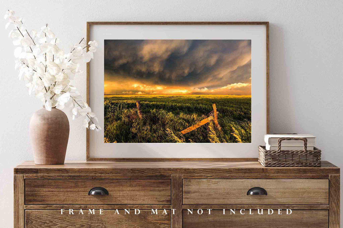 Fence Post and Wheat Field Photography Print | Stormy Sky Picture | Country Wall Art | Kansas Photo | Farmhouse Decor | Not Framed