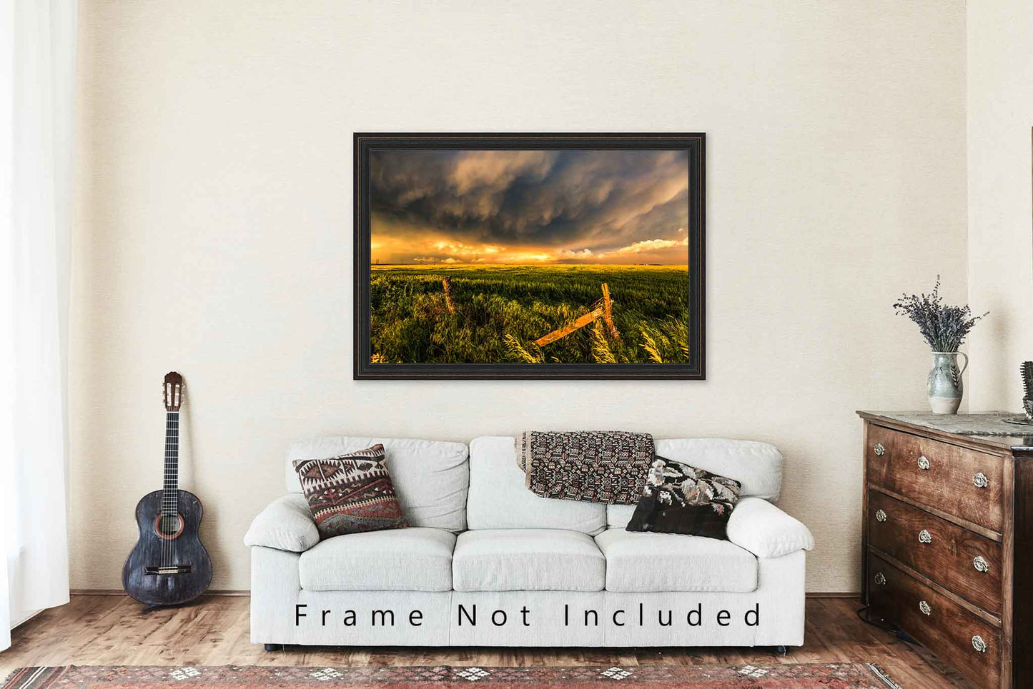 Kansas Fine Art Photography Print - Picture of Fence Posts and Green Field After Storms at Sunset Near Dodge City Farm Landscape Rural Art