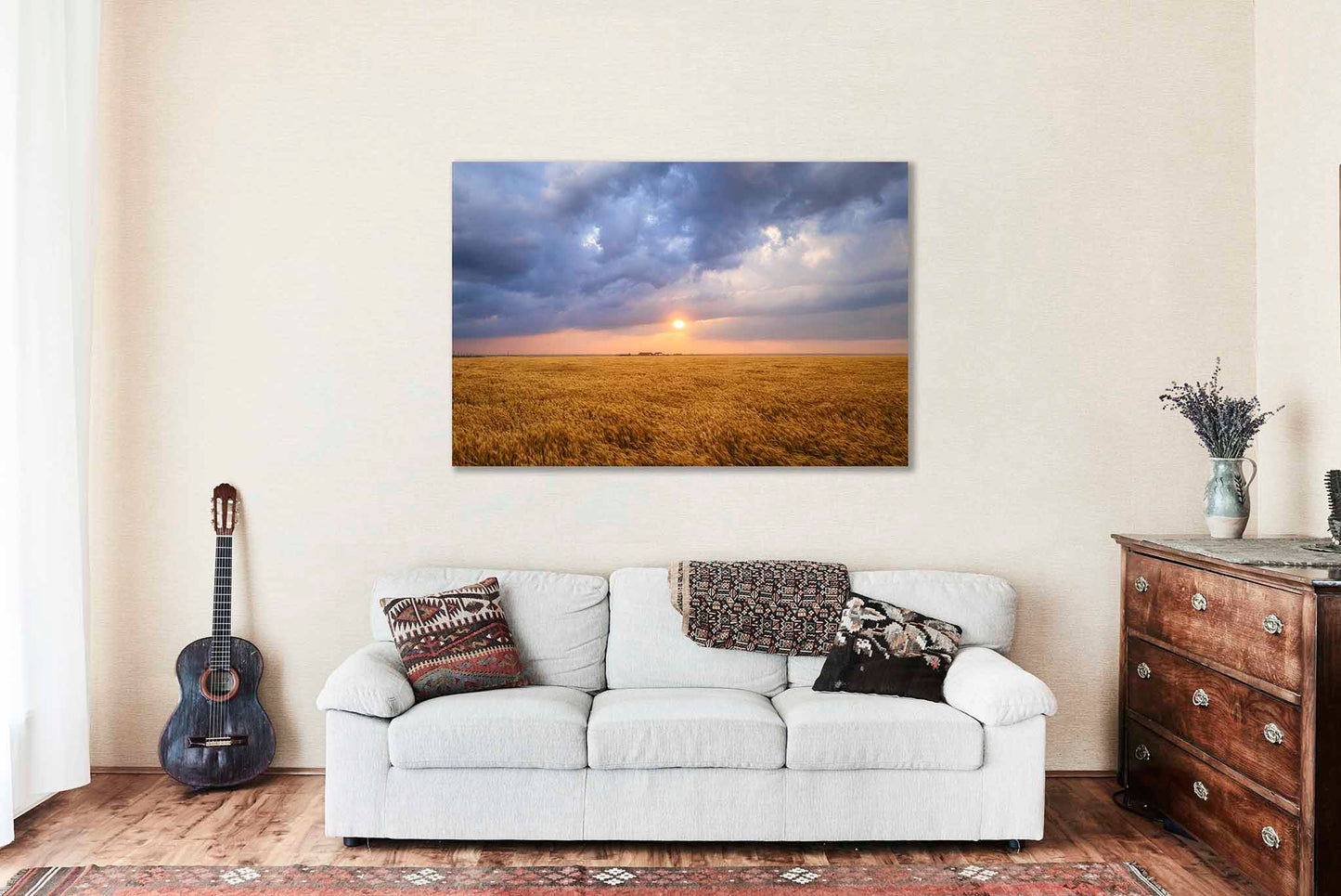 Sun Through Storm Clouds Canvas | Storm Clouds Gallery Wrap | Golden Wheat Field Photography | Oklahoma Sunset Wall Art | Farmhouse Decor | Ready to Hang