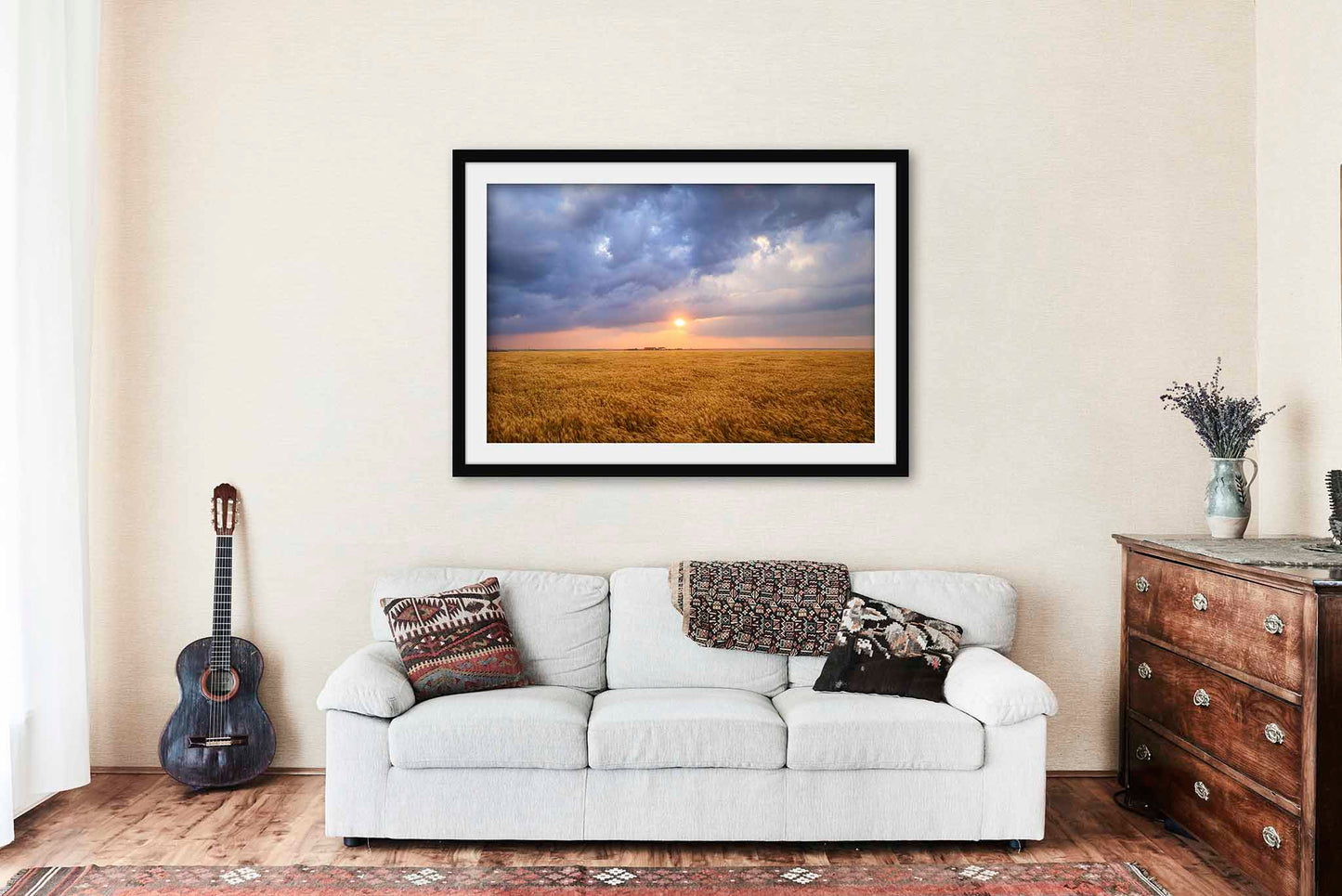 Sun Through Storm Clouds Framed and Matted Print | Storm Clouds Photo | Golden Wheat Field Decor | Oklahoma Sunset Photography | Farmhouse Wall Art | Ready to Hang