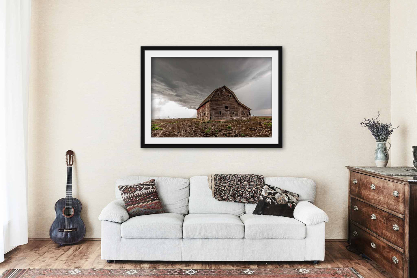 Framed Country Print (Ready to Hang) Picture of Old Red Barn and Thunderstorm in Nebraska Storm Wall Art Farmhouse Decor