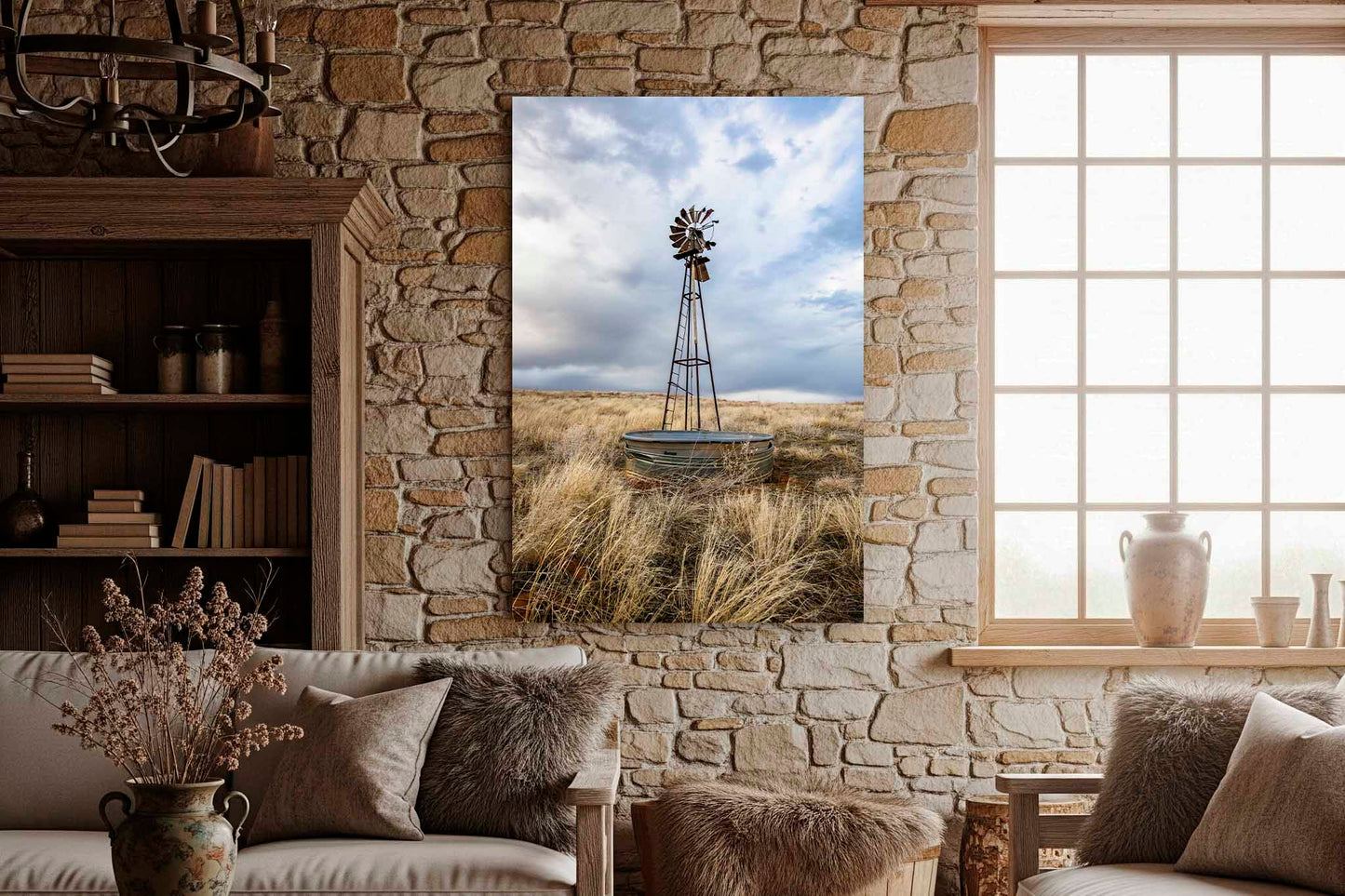Old Windmill and Water Tank in Oklahoma Canvas Wall Art | Vertical Country Photography Farmhouse Decor