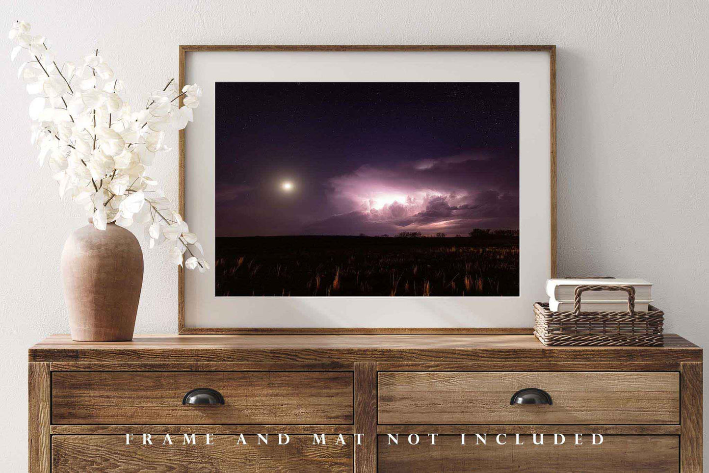 Celestial Photography Print - Picture of Moon, Stars and Thunderstorm Illuminated by Lightning on Stormy Night in Oklahoma Photo Artwork