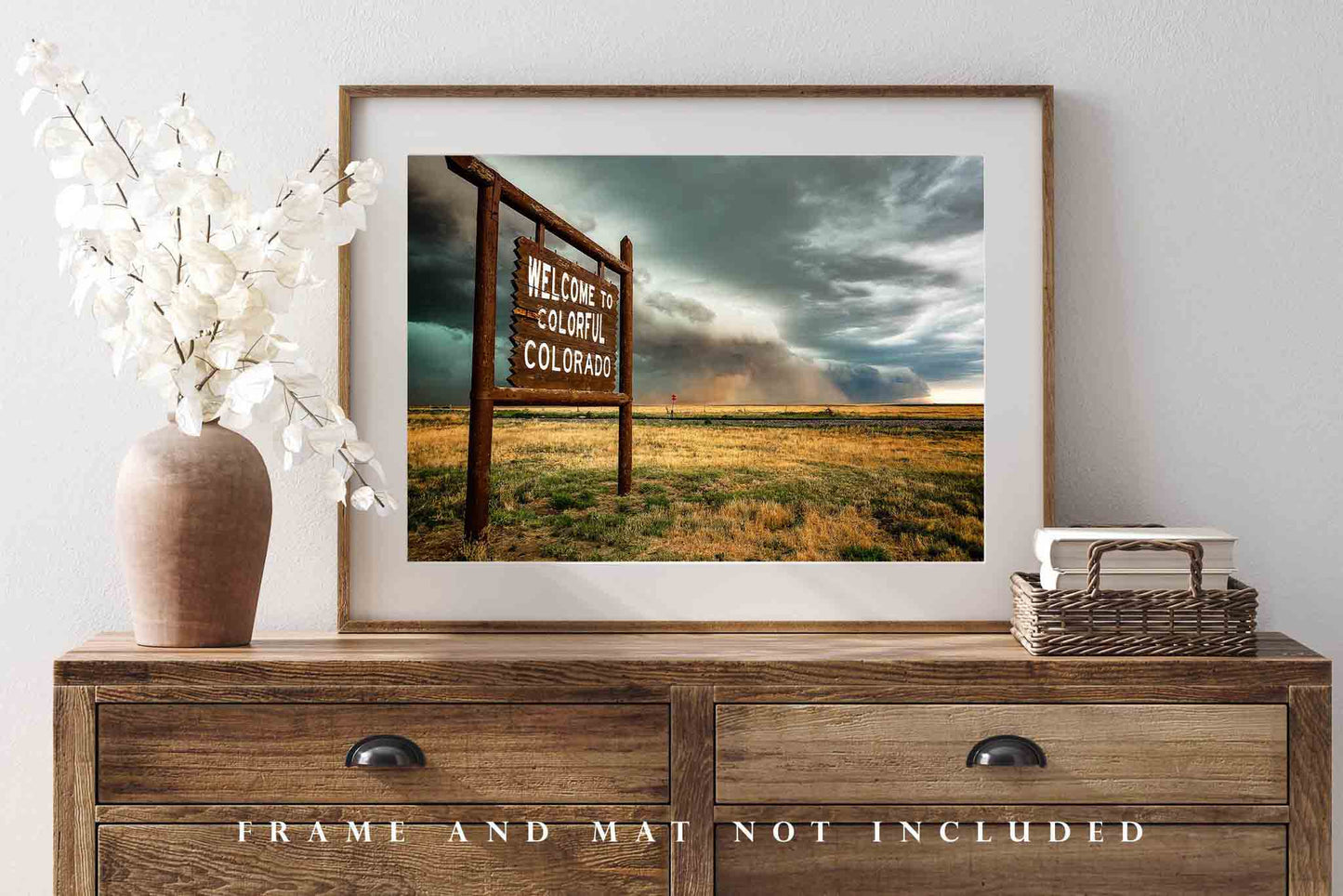 Storm Photography Print (Not Framed) Picture of Thunderstorm Advancing Past a Colorful Colorado State Line Sign Great Plains Wall Art Western Decor