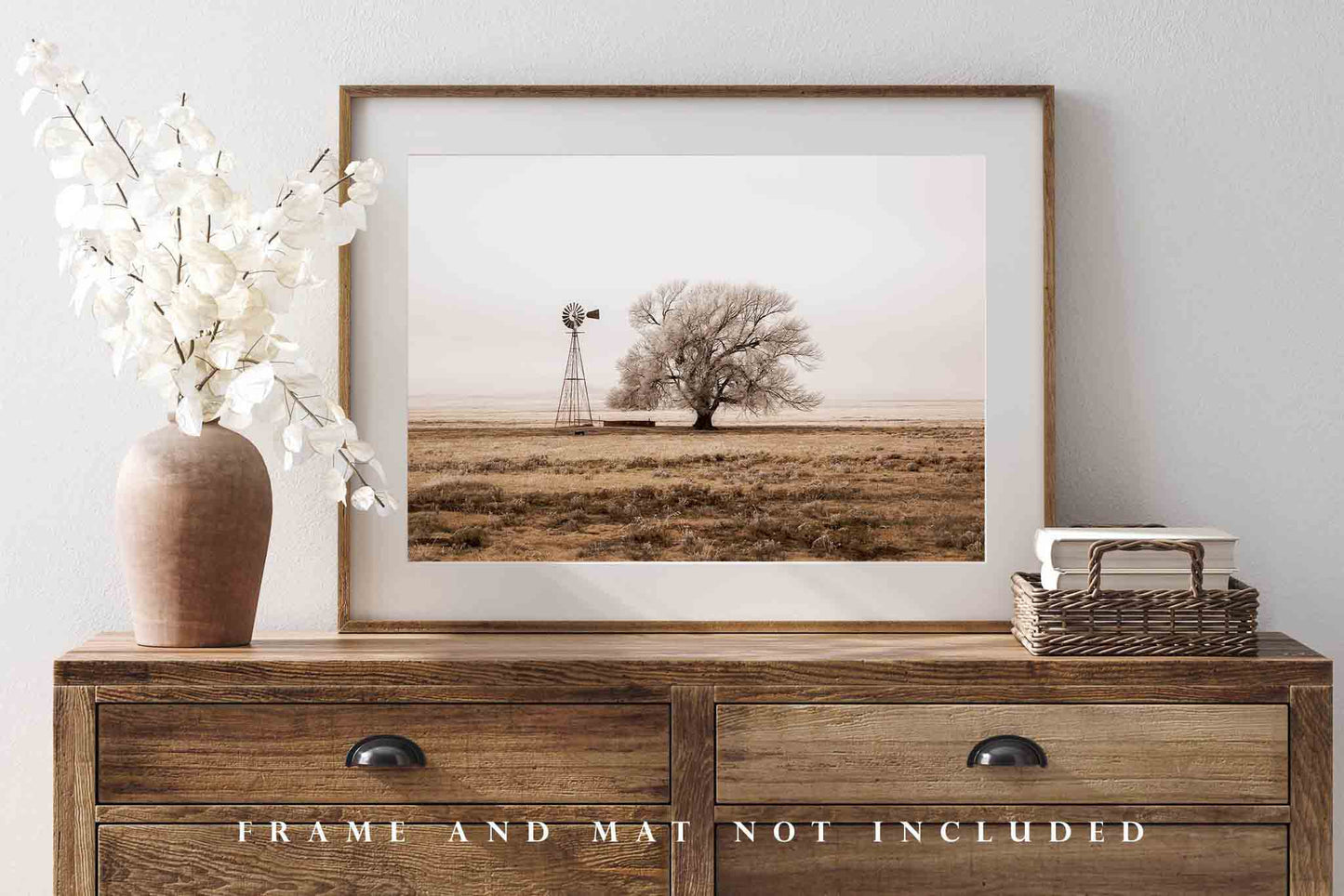 Country Photography Print (Not Framed) Sepia Picture of Tree and Old Windmill Covered in Frost on Winter Day in New Mexico Farm Photography Farmhouse Decor