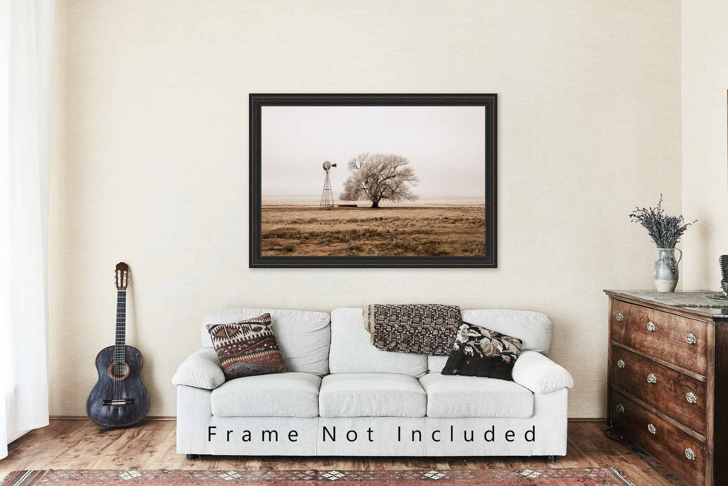 Country Photography Print (Not Framed) Sepia Picture of Tree and Old Windmill Covered in Frost on Winter Day in New Mexico Farm Photography Farmhouse Decor