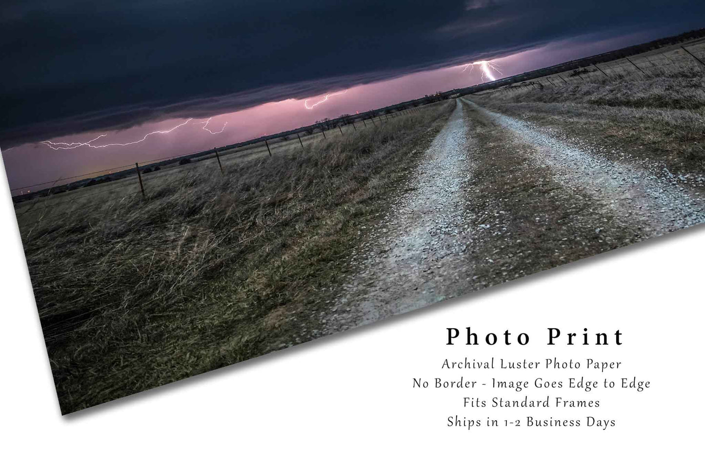 Storm Photography Print - Fine Art Photo of Country Road and Lightning Strike on Dark Stormy Night in Kansas Weather Wall Art Picture Decor