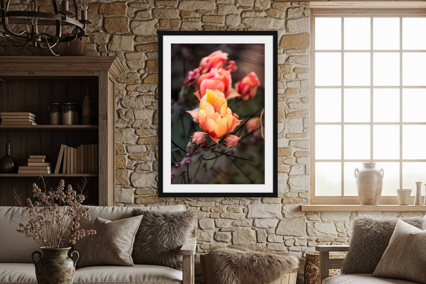 Prickly Pear Cactus Blooms in Texas Framed Print | Vertical Big Bend National Park Wall Art Floral Decor