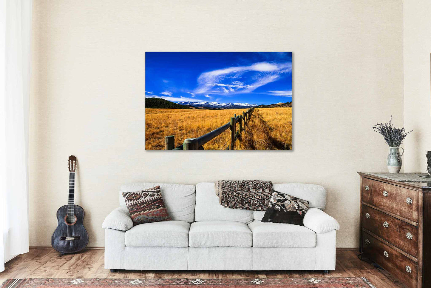 Rocky Mountain Metal Print - Picture of Fence Leading to Snowy Bighorn Mountains on Autumn Day in Wyoming Landscape Wall Art Western Decor