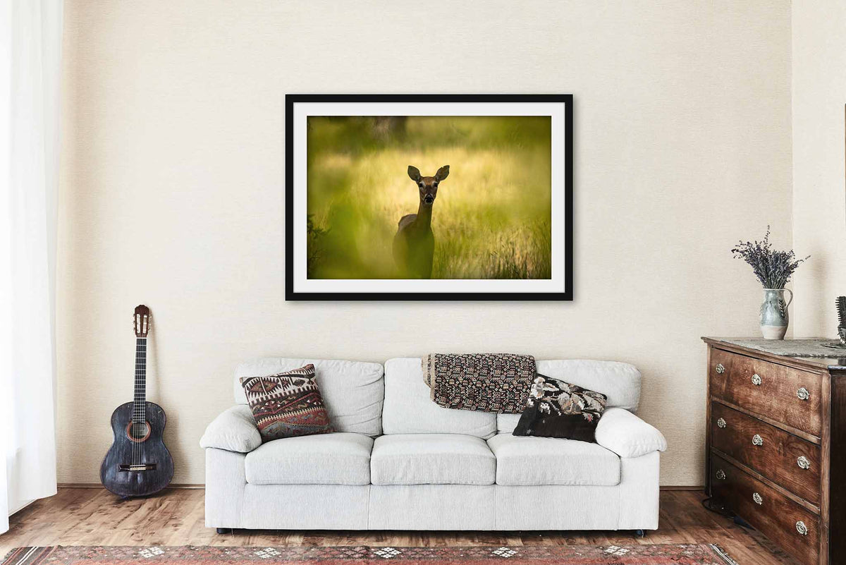 Deer Watching Between Tree Leaves in Wyoming Framed Print | Animal Wall Art Wildlife Decor