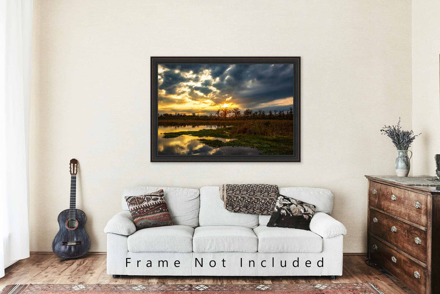 Southern Landscape Photography Art Print - Picture of Cypress Trees on Horizon and Winter Sunset on Louisiana Bayou Wetlands Decor