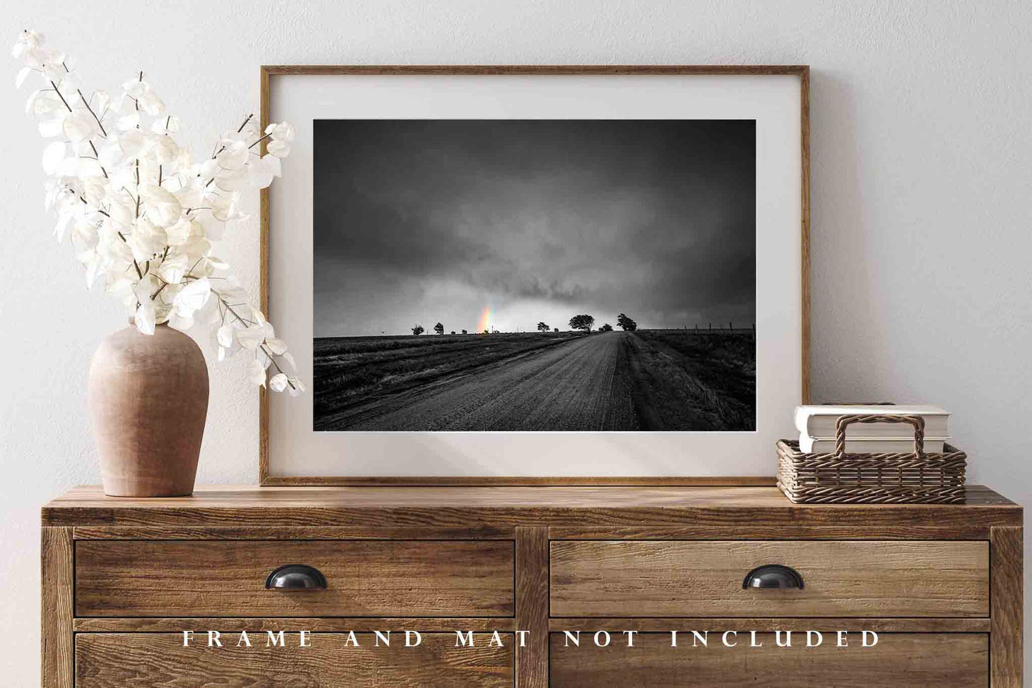 Black and White Photography Print - Wall Art Picture of Rainbow in Color Down Country Road and Tree Silhouettes on Stormy Day Kansas Decor