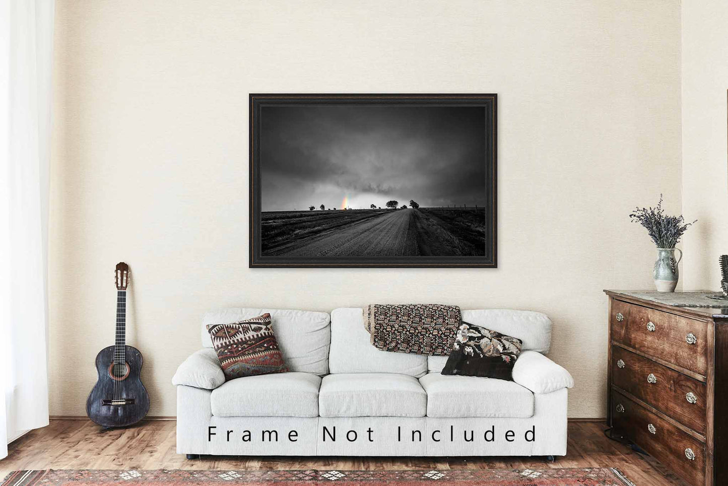 Black and White Photography Print - Wall Art Picture of Rainbow in Color Down Country Road and Tree Silhouettes on Stormy Day Kansas Decor
