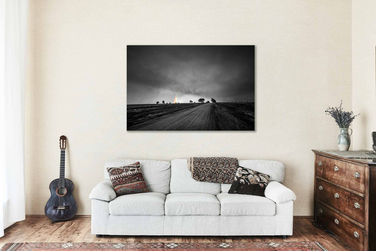 Color on Black and White Metal Print | Rainbow Down Dirt Road Photo | Great Plains Photography | Kansas Picture | Western Decor