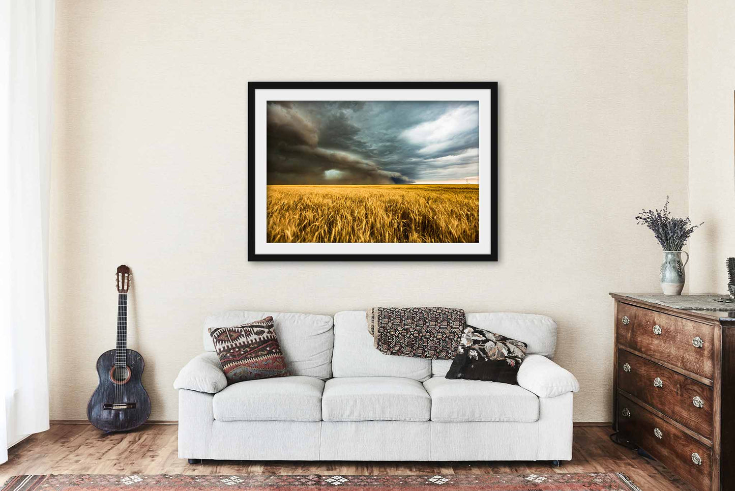 Framed Storm Print (Ready to Hang) Picture of Thunderstorm Over Golden Wheat Field in Colorado Weather Wall Art Western Decor