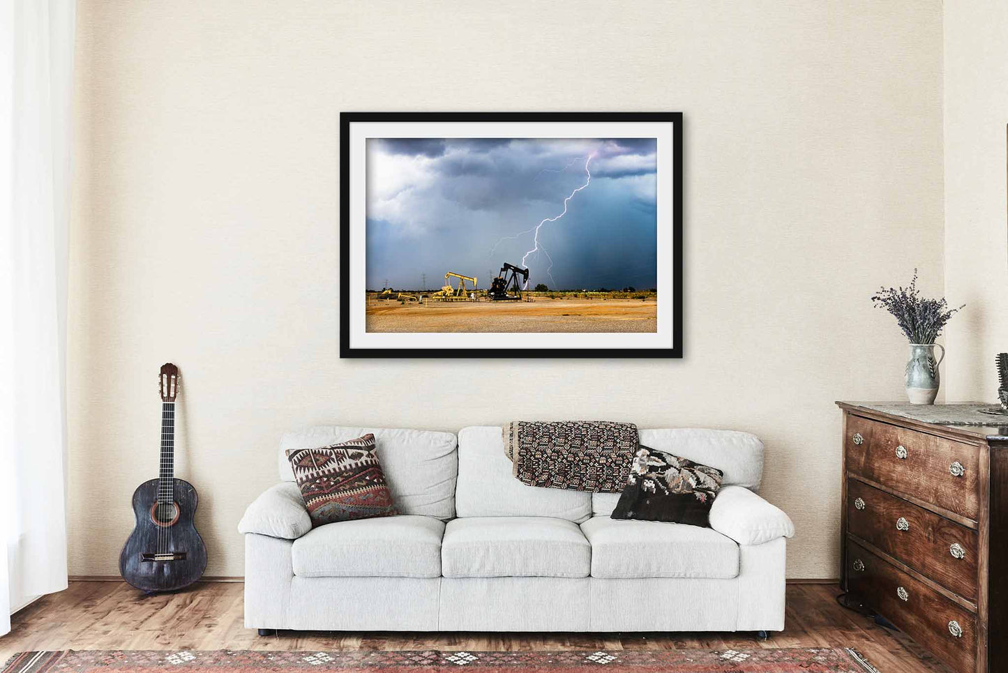 Lightning Framed and Matted Print | Pump Jack Photo | Oilfield Decor | Oklahoma Storm Photography | Oil and Gas Wall Art | Ready to Hang