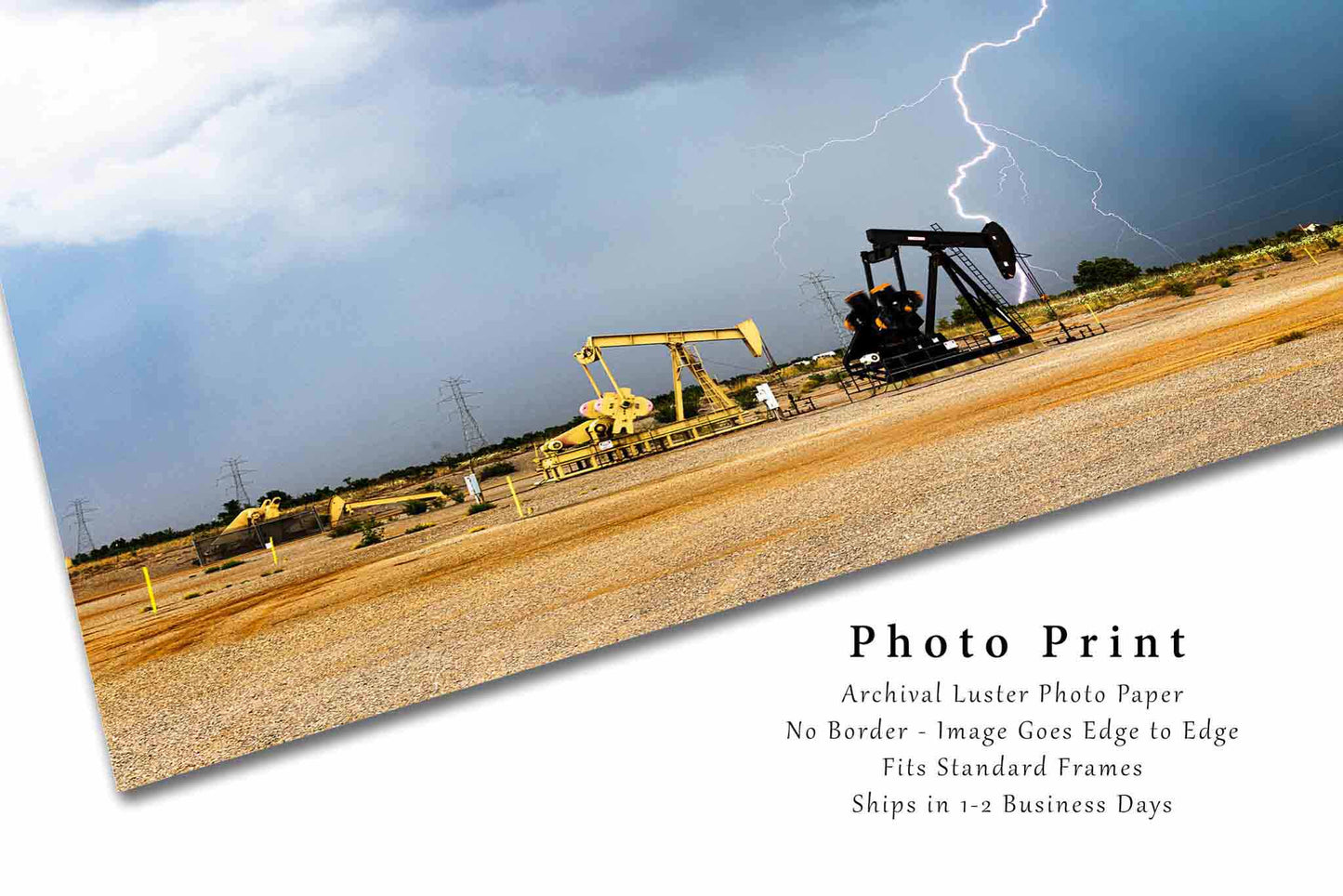 Lightning Photography Print | Pump Jacks Picture | Oklahoma Wall Art | Oilfield Photo | Oil and Gas Decor | Not Framed