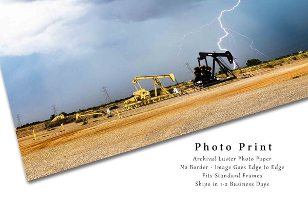 Storm Photo Print | Lightning Bolt and Pump Jack Picture | Oklahoma Wall Art | Thunderstorm Photography | Oilfield Decor