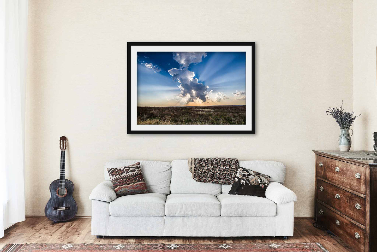 Framed Sky Print (Ready to Hang) Picture of Sunbeams Bursting from Storm Cloud in Kansas Celestial Wall Art Nature Decor