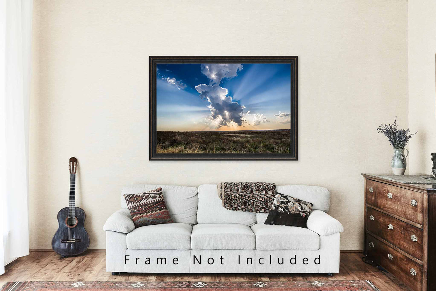 Cloud Photography Print - Fine Art Picture of Sunbeams Bursting From Behind Storm Cloud in Southwest Kansas Nature Photo Atmospheric Decor