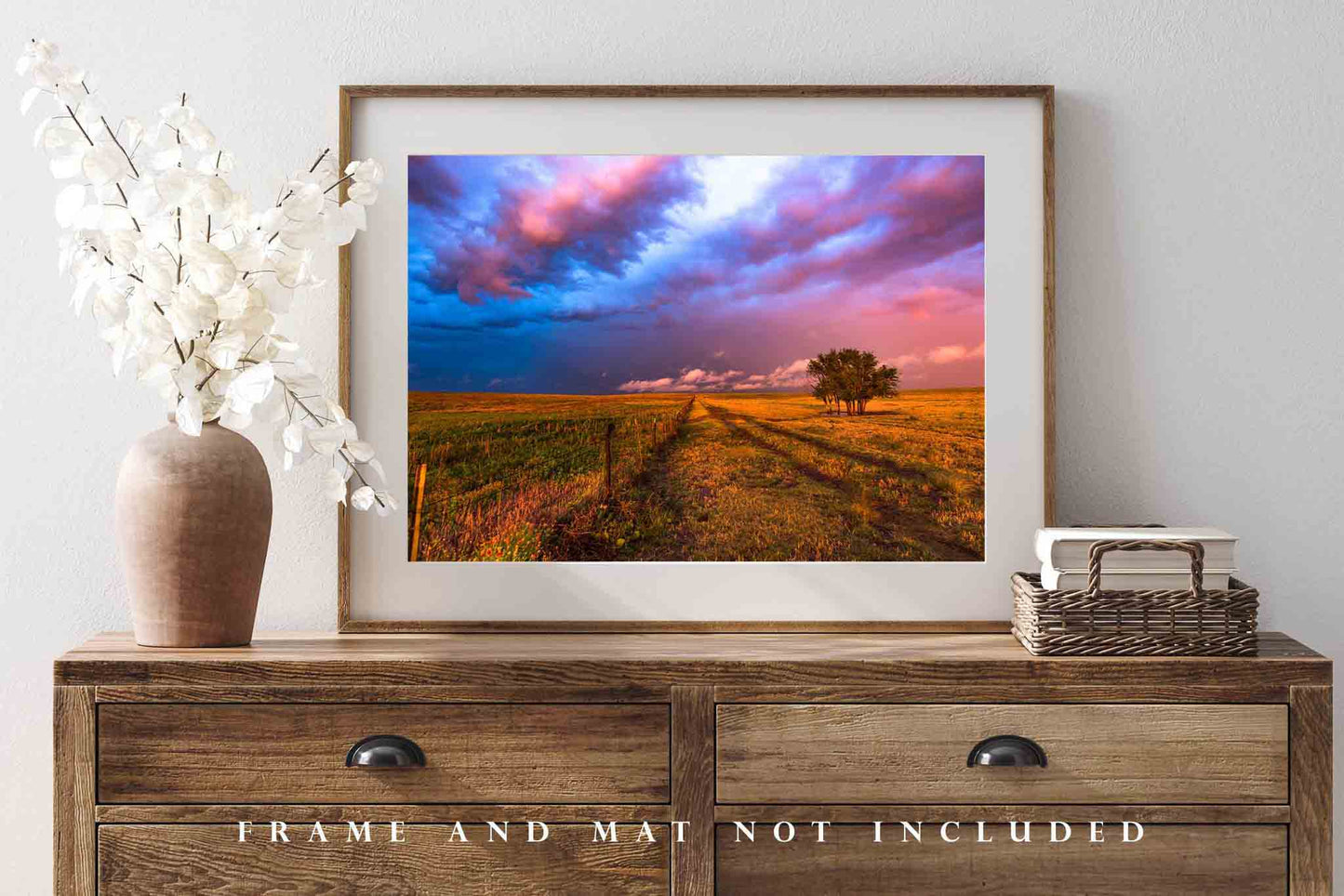 Prairie Wall Art - Picture of Trees and Fence Under Stormy Sky in Oklahoma - Western Photography Great Plains Photo Print Artwork Decor