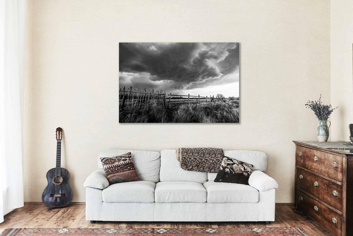 Storm Canvas | Thunderstorm Over Old Fence Gallery Wrap | Black and White Photography | Oklahoma Wall Art | Western Decor | Ready to Hang