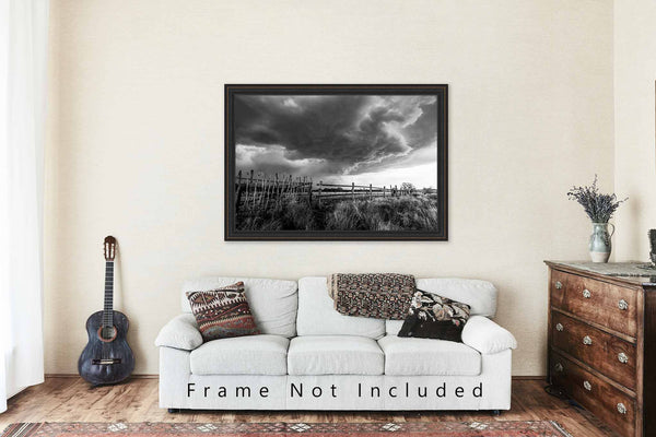 Oklahoma Photography Print - Black and White Print of Old Fence and Storm Moving Over Landscape in Western Oklahoma Grayscale Artwork